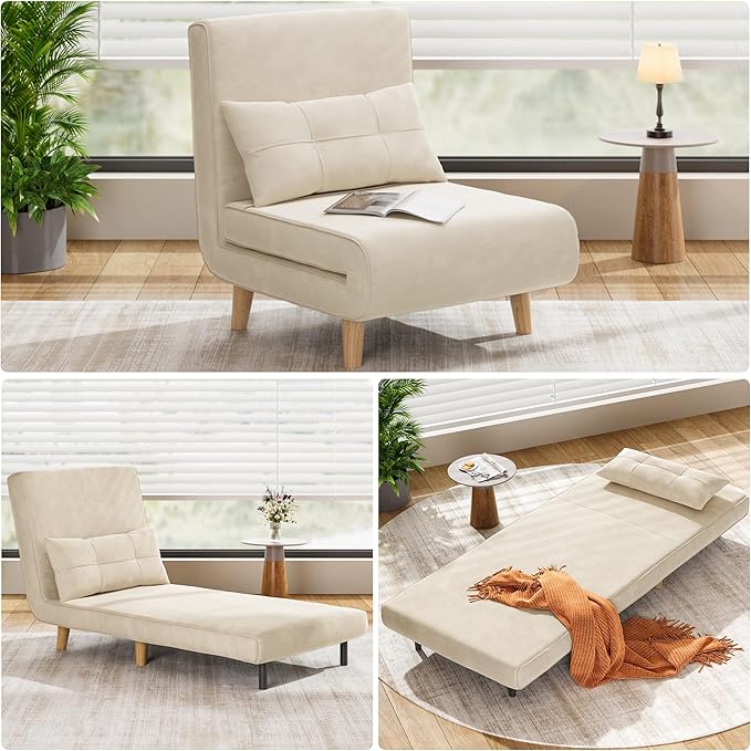Aiho Futon Sofa Bed 3-in-1 Convertible Sleeper Chair Bed Futon Chair with 6-Level Adjustable Backrest and Pillow for Guest Room Apartment Dorm Velvet Beige