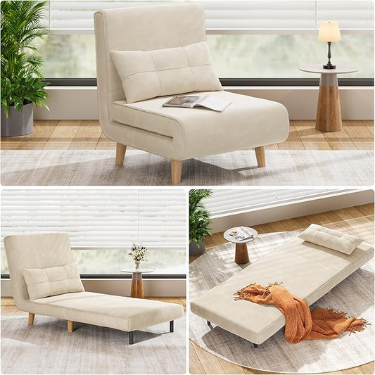 Aiho Futon Sofa Bed 3-in-1 Convertible Sleeper Chair Bed Futon Chair with 6-Level Adjustable Backrest and Pillow for Guest Room Apartment Dorm Velvet Beige