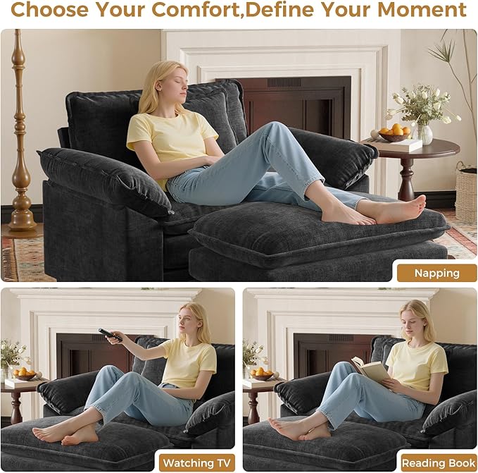 HUSFU Oversized Accent Chair with Ottoman Chenille Cloud Couch Chair with Deep Seat and Extra Wide Armrests Comfy Reading Armchair for Bedroom Living Room Set of 2 Black
