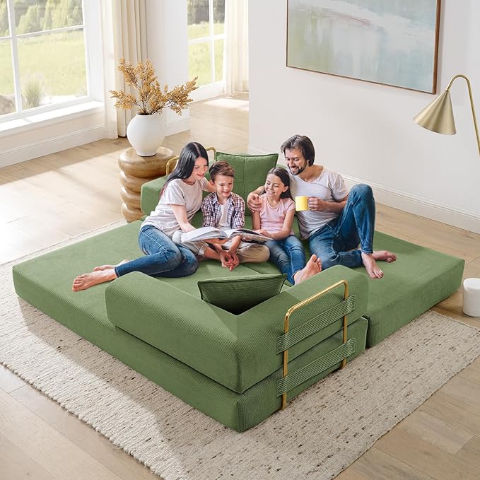 Convertible Folding Sofa Bed Corduroy Sleeper Mattress Couch with Fixed-Shape Frame Free Combination Loveseat Lounge Floor Sofa Queen Size Memory Foam Couch for Living Room Bedroom Dark Green