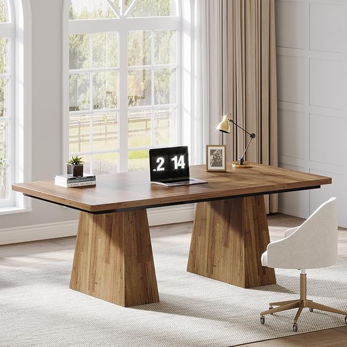 Tribesigns 63-Inch Executive Desk Large Office Computer Desk with Double Pedestal Modern Simple Workstations Writing Table Conference Table Business Furniture for Home Office Light Brown
