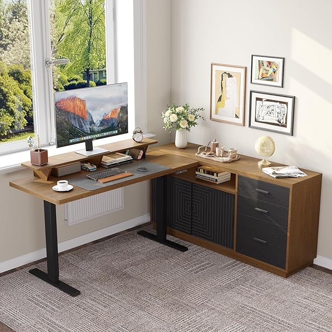 ONBRILL Home Office Furniture Set 63'' Standing Desk with 55'' File Cabinet Electric Height Adjustable Executive Workstation with Monitor Stand for Home Office Oak Brown