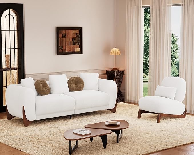 Morden Fort 2 Piece Cloud Couch Set Modern Sherpa Boucle Sofa Set with Wood Legs Skin-Friendly Minimalist Upholstered Comfy Couch Sofas for Living Room 3-Seater Sofa &amp Tilt Back Chair Off Whit