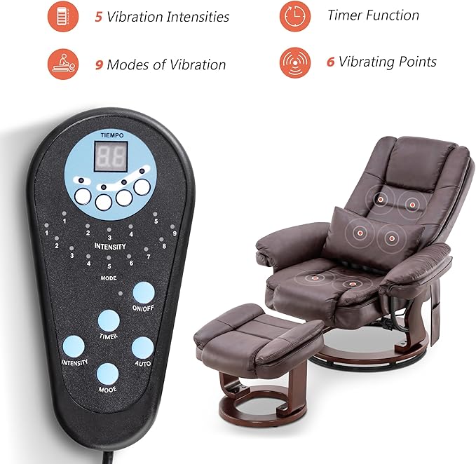 MCombo Swivel Recliner with Ottoman Chair TV Chair Sets with Vibration Massage for Small Space Living Room Bedroom 9096 9099 (Faux Leather Dark Brown)