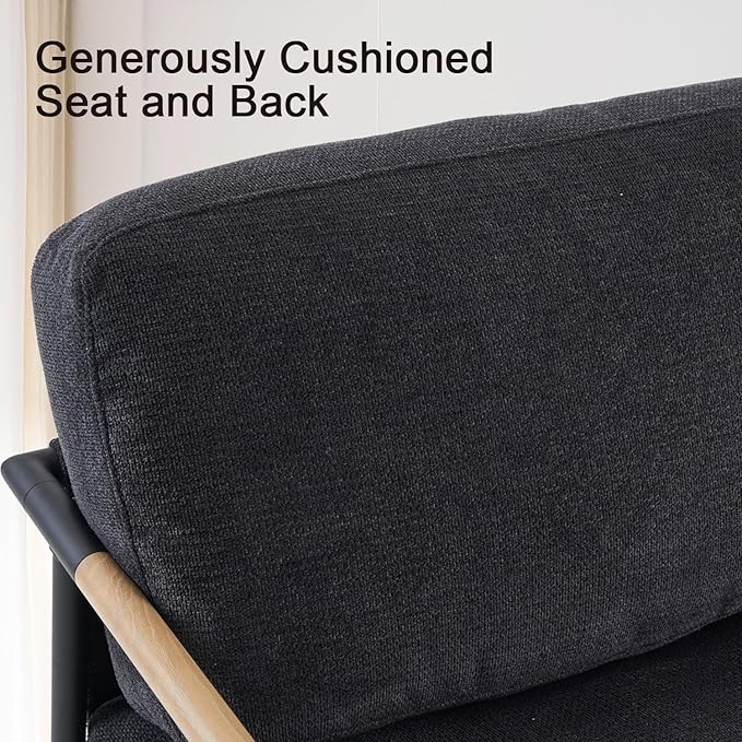 Accent Chair Set of 2Mid Century Modern Armchair for Living RoomBedroomOfficeLounge Comfy Chenille Upholstered Soft Removable Washable Cushions and PillowsMetal Wood-Grain Armrest Legs2PCSBlack
