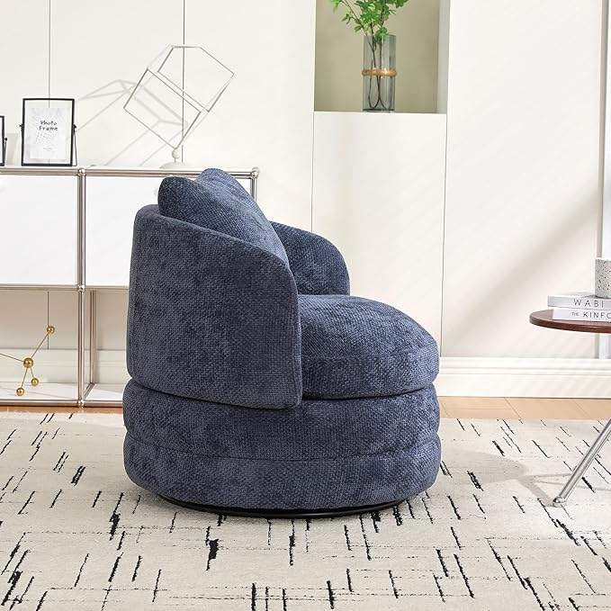 30 Modern Round Chenille Barrel Accent Chair 360° Swivel Ergonomic Comfy Upholstered with Pillow for Living Room Bedroom Reading Room Balcony Lounge Navy