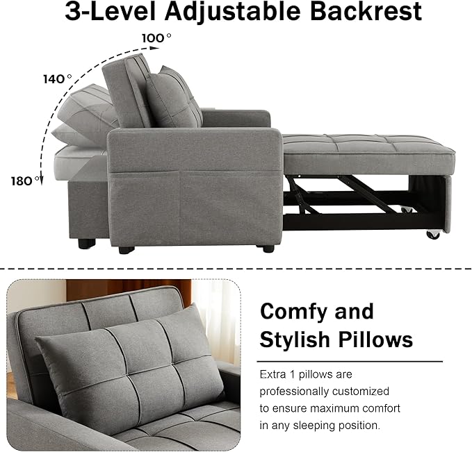 Sofa Bed Chair Convertible Sleeper Sofa with Pull-Out Bed 3-in-1 Futon Couch with Reclining Backrest and Side Pocket (Dark Grey 35.6‘)