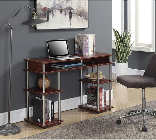 Retro Desk with Shelves - Home Office Computer Desk Corner Vanity Nail Table - 47 Cherry Finish