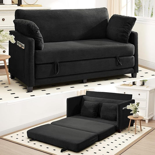 65 Convertible Loveseat Sofa Bed 2-in-1 Folding Sofa Bed with 2 Pillow for Small Spaces Modern Loveseat Sleeper Couch for Apartment Living Room &amp Guest Room (Black Corduroy 65 inch)