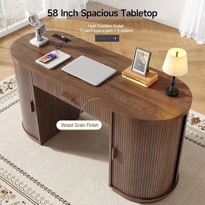 ONBRILL 58 Inch Fluted Executive Desk with Drawers Large Computer Desks with Storage Mid Century Modern Office Desk with Charging Station for Home Office Living Room Bedroom (Walnut)