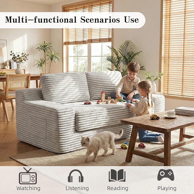 71 Corduroy Cloud Loveseat Sofa Bed Pull Out Convertible 2-in-1 Boneless Couch Deep Seat 2-Seater Design No Assembly Floor Sofa with Side Pockets for Living Room Bedroom Apartment (Grey)