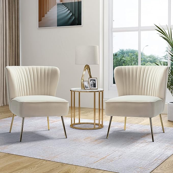 TINA'S HOME Velvet Accent Chair Set of 2 with Metal Golden Legs Upholstered Armless Slipper Chair with Wingback Mid Century Side Chair for Living Room Bedroom Vanity- Tan