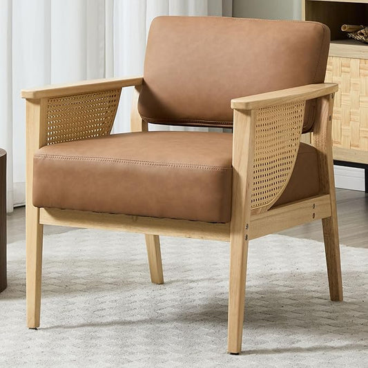 Mid-Century Accent Chair Modern Rattan Armchair PU Leather Lounge Chair with Wood Legs Upholstered Leisure Chair for Living Room Bedroom Reception Room Brown