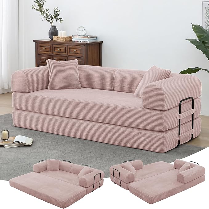 Convertible Folding Sofa BedFold Out Floor Sofa Couch with Fixed-Shape FrameCorduroy Foldable Mattress Cloud Couch for Living Room Bedroom (Pink 78 Inch)