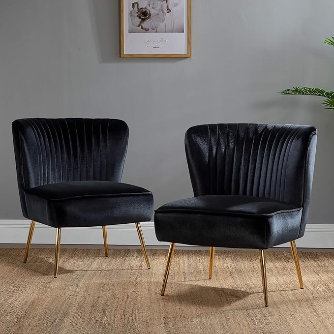 HULALA Home Velvet Accent Chair Set of 2 Modern Armless Upholstered Side Chair with Glam Gold Metal Legs for Vanity Living Room Bedroom - Black
