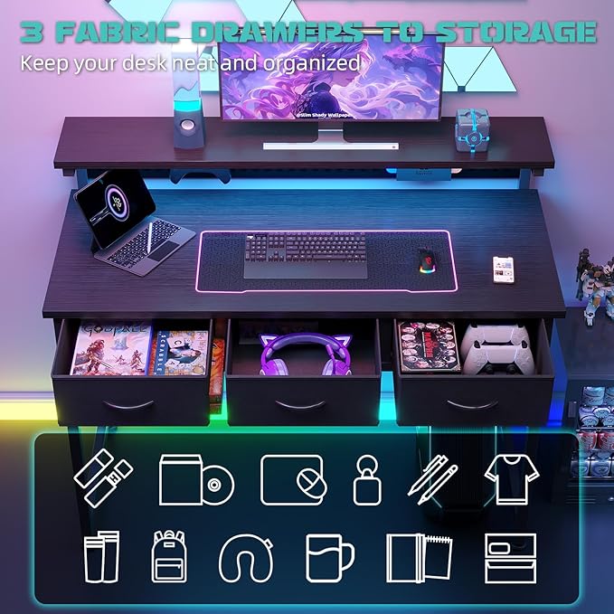 MUTUN Computer Desk with Drawers 40 Inch Computer Desk with Power Outlet &amp LED Light Gaming Desk with Adjustable Monitor Stand &amp Pegboard Modern PC Study Writing Table for Bedroom Black