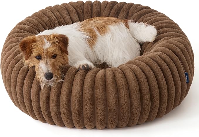 Bedsure ComfyFleece™ Donut Small Dog Bed - Dog Beds for Small Dogs with Corduroy Fleece &amp Anti Slip Bottom Round Faux Fur Pet Beds with Washable Removable Cover Camel Brown 27x27x8 inches