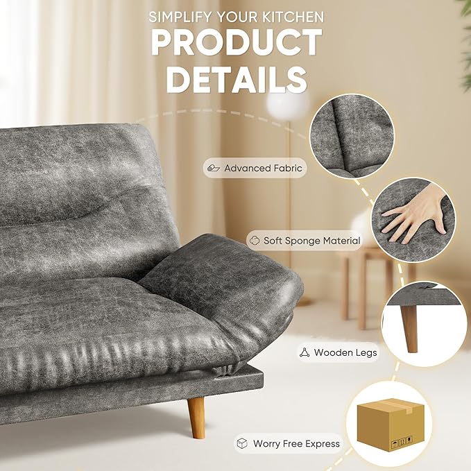 JUMMICO Convertible Futon Sofa Bed Sleeper Futon Couch with Adjustable Backrest and Armrests Modern Loveseat with Sturdy Wood Frame for Small Spaces Apartments (Leathaire Gray)