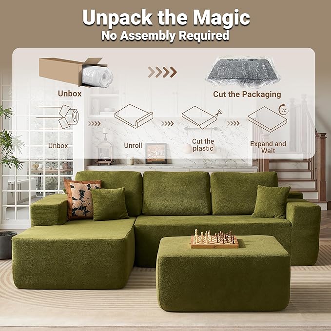 106 Cloud Sectional Couch with Comfy Chaise and OttomanCloud Velvet Boneless Couches for Living RoomL Shape Sofa in A Box No Assembly RequireGreen
