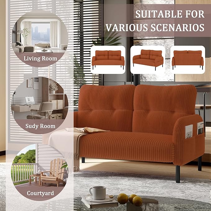 Small Couch Mid Century Modern Loveseat for Small Spaces 2 Seat Corduroy Couches with Side Pockets for Bedroom Living Room Office (Orange)