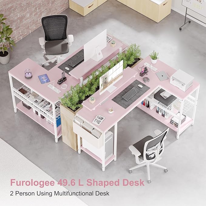 Jojoka L Shaped Computer Desk with Power Outlets &amp LED Light 49.6 Reversible Corner Computer Desk with Storage Shelves &amp Monitor Stand Home Office Desk Gaming Desk Writing Desk (Pink)