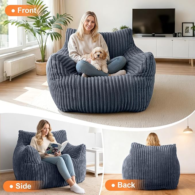 Giant Bean Bag Chair for Adults Oversized Memory Foam Bean Bag Sofa with Armrests Large Comfy Fluffy Single Lounges Mini Couch for Living Room Bedroom &amp Dorm(Gray)