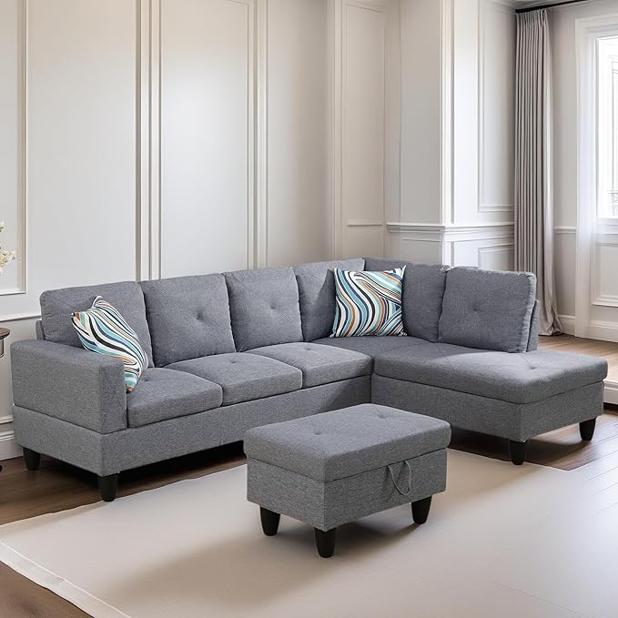 FONTOI L Shaped Sectional Couch Sofa Modern Couches for Living Room Comfy 4 Seat Modular Sectional Sofa with Ottoman Storage for Bedroom Apartment Gray