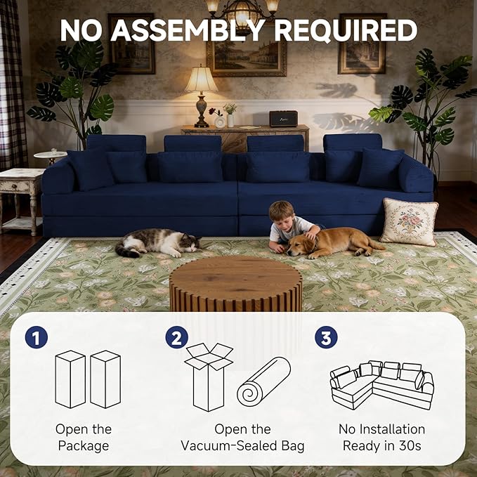 106” Cloud Sectional Couch L-Shaped Sofa with Right Facing Chaise Corduroy Boneless Couches Compressed Modular Sectional Sofa with Deep Seat High Backrest Headrest (Blue)