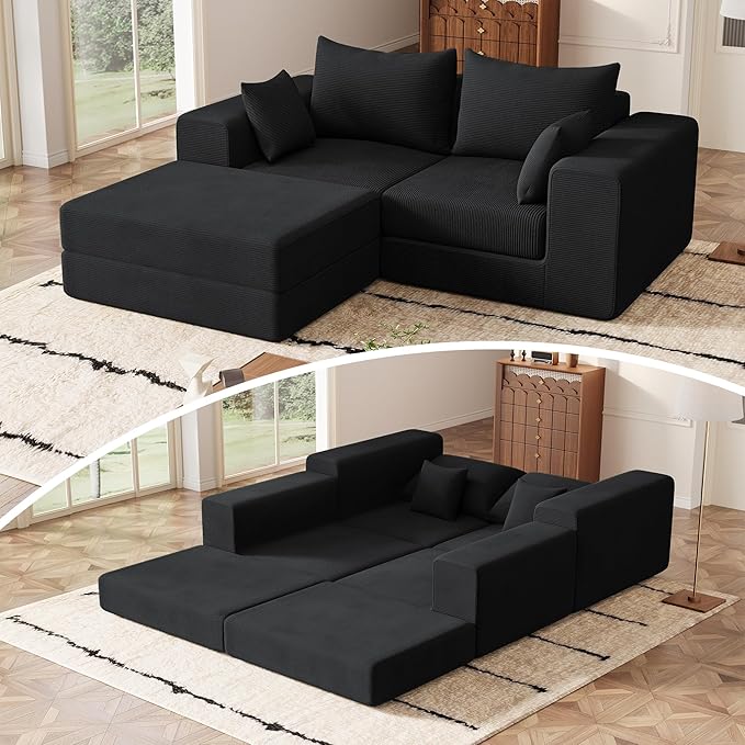 Modern Small Boneless Couch Convertible Modular Sectional Sleeper Sofa Bed Corduroy Memory Foam Cozy Modular Cloud Couch L-Shaped Cloud Sofa for Living Room No Assembly Black