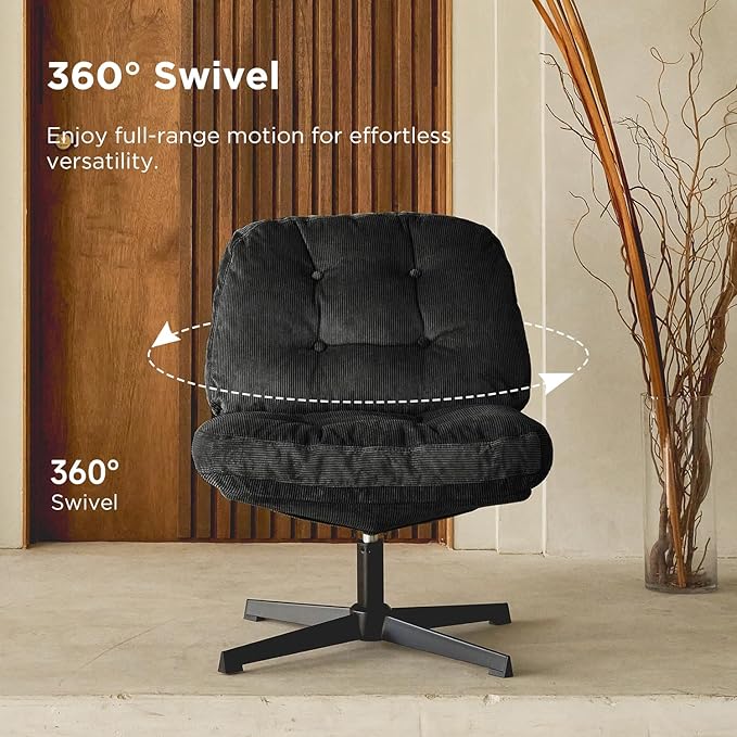Nouhaus Balloon Criss Cross Chair Cross Legged Swivel Vanity Chair with Wide Comfy Padded Seat Armless No Wheels Fabric Modern Home Lounge Chairs for Living RoomBedroom(Black)
