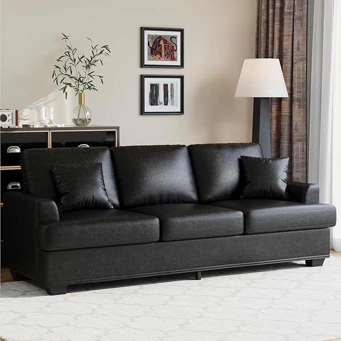 IDEALHOUSE Modern 86 Leather Sofa with 2 Throw Pillows Deep Seat Couch with Upholstered Cushion &amp Removable CoverComfy Faux Leather Sofa Couch for Small Space Apartment Lounge Black