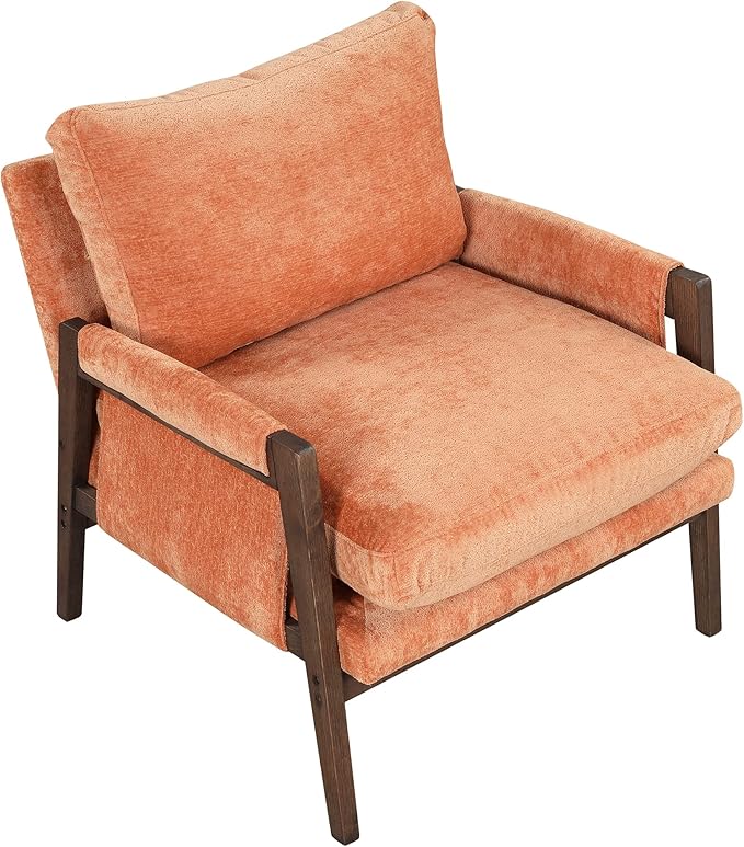 Modern Velvet Accent ChairMid-Century Leisure Chair with Solid Wood and Thick Seat Cushion Living Room Chair for Bedroom Studio Balcony or Club (Orange/Velvet)