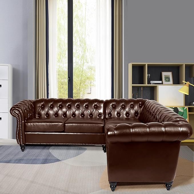 ORRD L Shaped Small Sectional Sofa Chesterfield Leather Couch Tufted Accent Sofa with Scroll Arms and Nailhead for Living Room Office (Dark Brown)