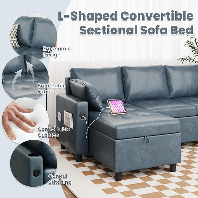 Sleeper Sofa Couch with Pullout Bed 83.5 L-Shaped Convertible Sofa with Storage Chaise USB Ports &amp Cup Holders Faux Leather Sectional for Living Room Dark Blue