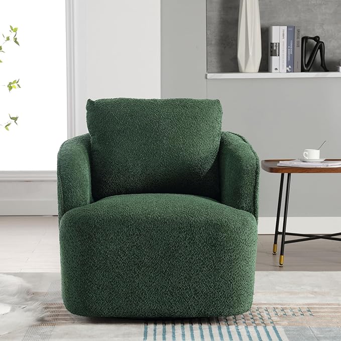 Upholstered Swivel Barrel Chair 31 Wide Modern Fabric Ergonomics Single Sofa Chair Living Room Bedroom Accent Chair Comfy Club Swivel Chair (Boucle Green)