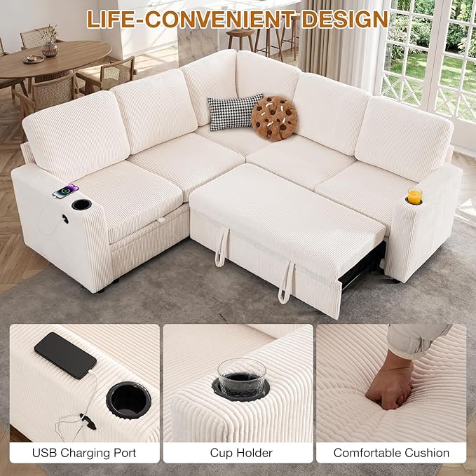 83 Sleeper Couch with Pull Out Sofa Bed 5-Seater Sectional Couches for Living Room L-Shaped Couch with Storage USB Port &amp Cup Holder Corduroy Convertible Corner Sofa for Apartment