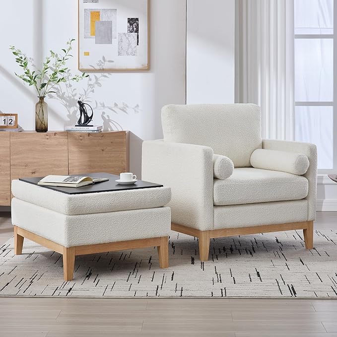Wood Base Accent Arm Chair with Ottoman and Bolster PillowsStorage Footstool with Reversible Lid Coffee Table for Living Room Office (35.4 W Ivory Boucle Chair Set +Natural Base)