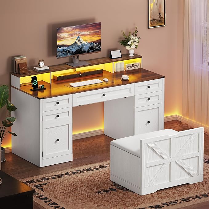YITAHOME Computer Desk Stool Set with 5 Drawers Office Desk with Power Outlets &amp LED Lights Farmhouse Wood Desk Home Office Desks with Storage Cabinet &amp Monitor Stand for Work Study Antiqu