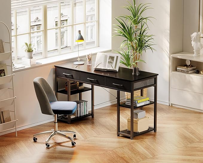 ODK Office Small Computer Desk: Home Table with Fabric Drawers &amp Storage Shelves Modern Writing Desk Black 48x16