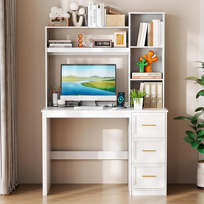 LVSOMT 40” Home Office Desk with Hutch and Drawers Computer Desk with Power Outlets and LED Light Study Writing Gaming Table with Storage Shelves Workstation for Bedroom White