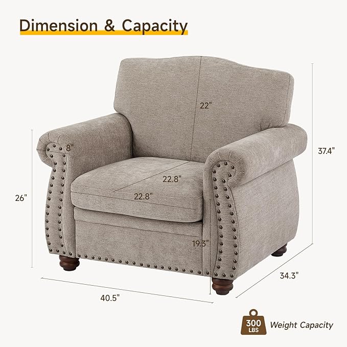 ONBRILL Nailhead Trim Armchair Rolled Arm Accent Chair for Living Room Comfy Chenille Club Sofa Chair w/Springs Cushions &amp Wood Legs Traditional Single Couch Chair for Apartment Farmhouse Bei