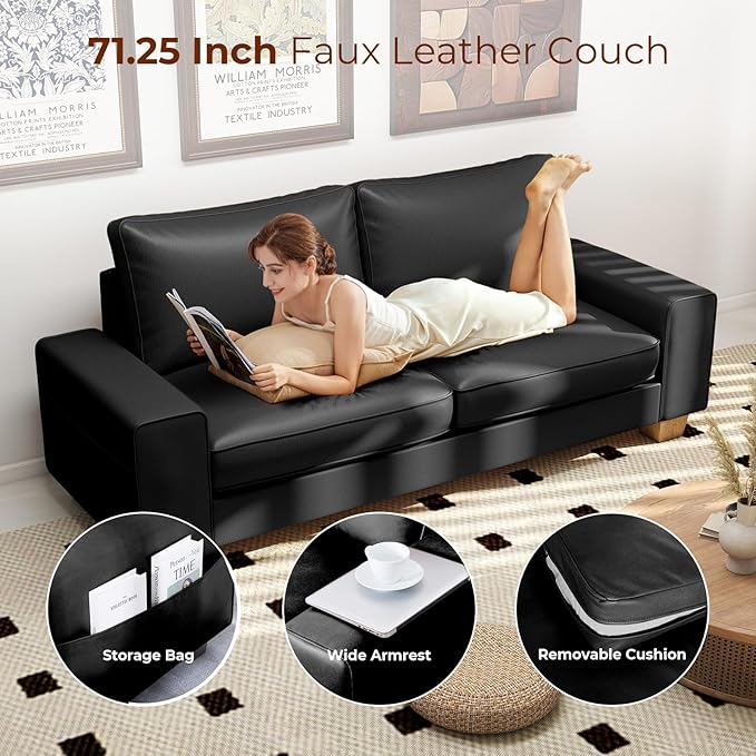Modern Faux Leather Sofa Large Couch with Spring Cushions &amp Solid Wood Frame Easy-to-Clean Removable Cover Spacious Living Room Family Furniture Extra Long Couch (88.58 Black)