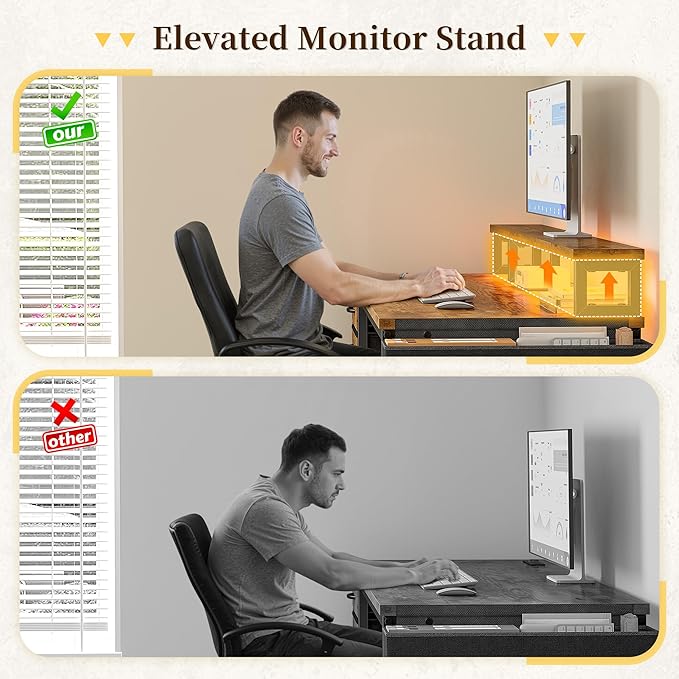 55 Gaming Desk with LED Strip Computer Desk with Drawers &amp Storage Bag Office Desk with Power Outlets &amp Monitor Stand Home Office Desks for Bedroom Gaming Room Rustic Brown