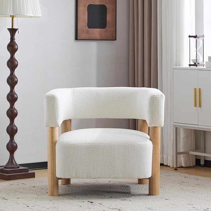 Christopher Knight Home Carly Low Profile Accent Chair Round Backrest Side Chair Living Room Armchair with Boucle Fabric Cushion Comfy Reading Chair for Bedroom Wooden Single Lounge Sofa White