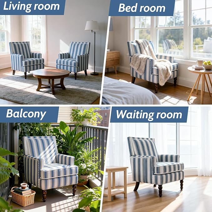 Blue Striped Accent Chair for Living Room Bedroom - Comfy Cotton Linen Reading Chair Coastal Nautical Armchair with Solid Wood Legs Easy Assembly (Striped Blue)