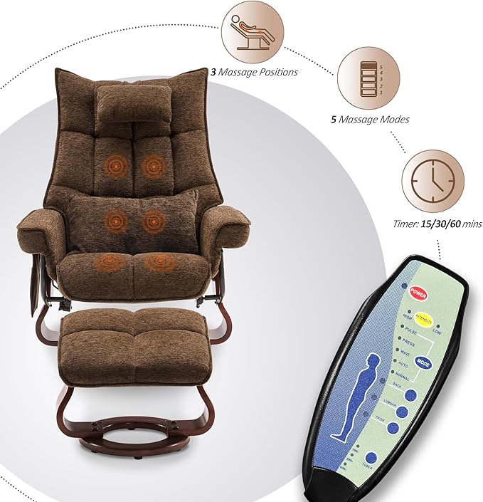 MCombo Swivel Recliner with Ottoman TV Chair Sets with Vibration Massage Ideal for Small Space Living Room &amp Bedroom 4188 4605 (Brown Base Brown)