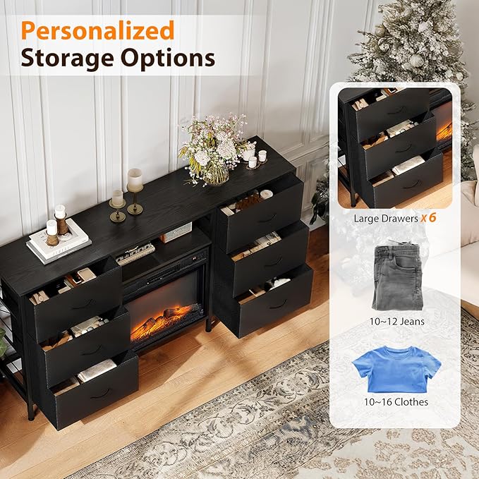 VINGLI Fireplace TV Stand Dresser with Fabric Drawer Entertainment Center with LED Lights and Industrial TV Console Table with Open Storage Shelves for Living Room Bedroom Black