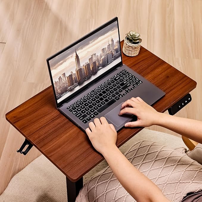 Electric Overbed Table with Wheels Height Adjustable Bedside Sofa Couch Side Tables C Shaped Mobile Standing Small Laptop Desk for Home Office Dark Walnut