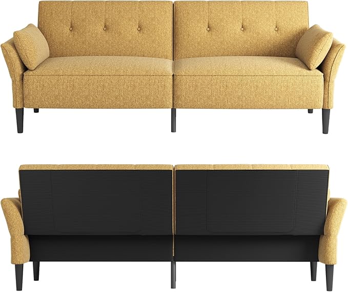 89” Futon Sofa BedComfy Futon Couch Bed with 2 Square PillowsConvertible Sleeper Sofa with Adjustable Backrest&amp Armrests Modern Loveseat Sleeper for Living Room Bedroom Linen Yellow