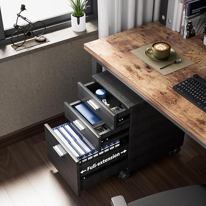 3 Drawer File Cabinet with WheelsPre-Assembled Black Wood OrganizerFits A4/Letter Size for Home OfficeMobile Printer Stand Storage19 L x 16 W x 22 H